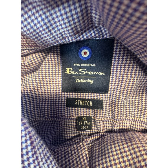 Ben Sherman Tailoring Mens XL Blue Red Micro Houndstooth Stretch Button  Shirt - Picture 5 of 7
